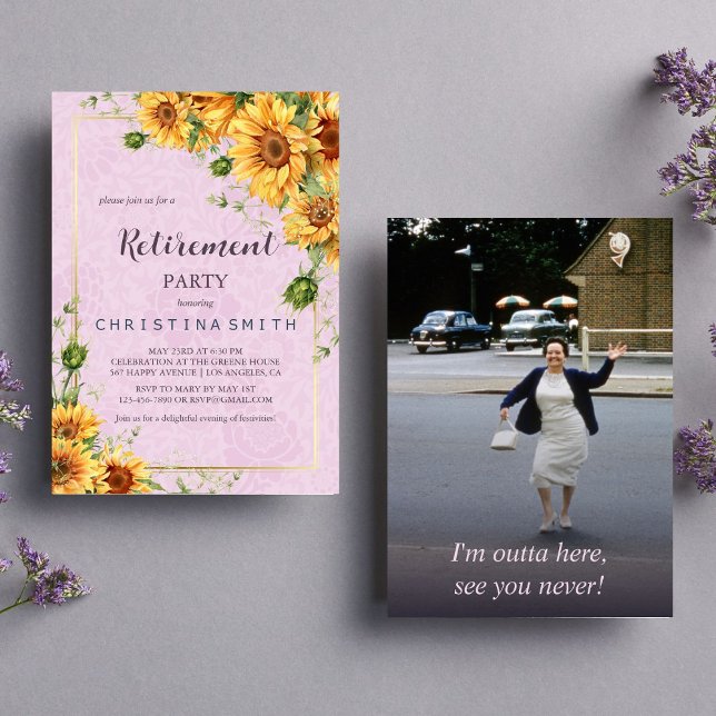 Invitación Fiesta de Jubilación de Verano Elegante de Giro Rú (Rustic Sunflower Elegant Summer Retirement Party Invitation)