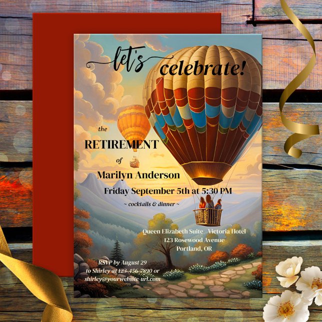 Invitación Fiesta de Jubilación de Viajes en Globo de Aire Ca (Retirement party invitation featuring a colorful vintage painting of a hot air balloon)