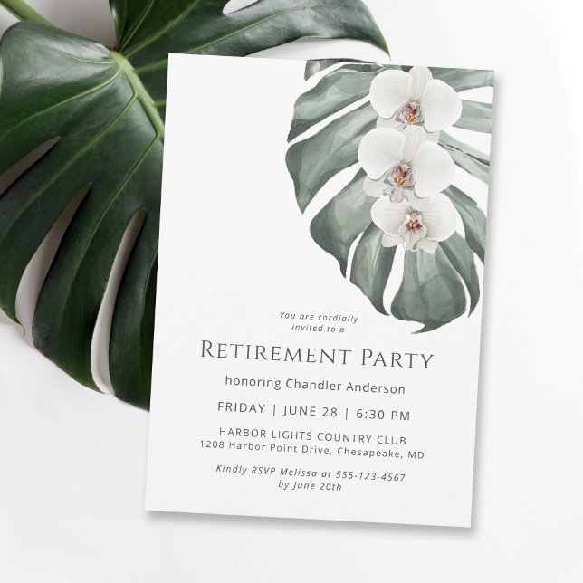 Invitación Fiesta de Jubilación del Paraíso Tropical de las O (Contemporary styling in this retirement party invitation, available as digital download & printed.)