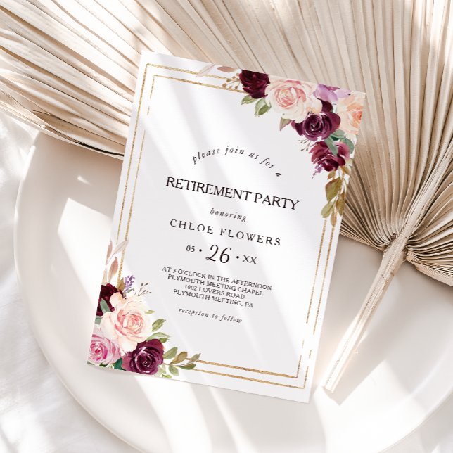 Invitación Fiesta de Jubilación Dorada Geométrica de Borgoña  (Subido por el creador)