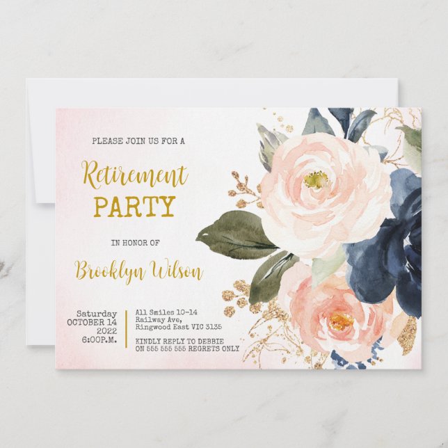 Invitación Fiesta de Jubilación Elegante acuarela Floral (Anverso)