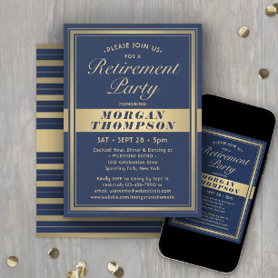 Invitación Fiesta de Jubilación Elegante Azul Marino y Guión