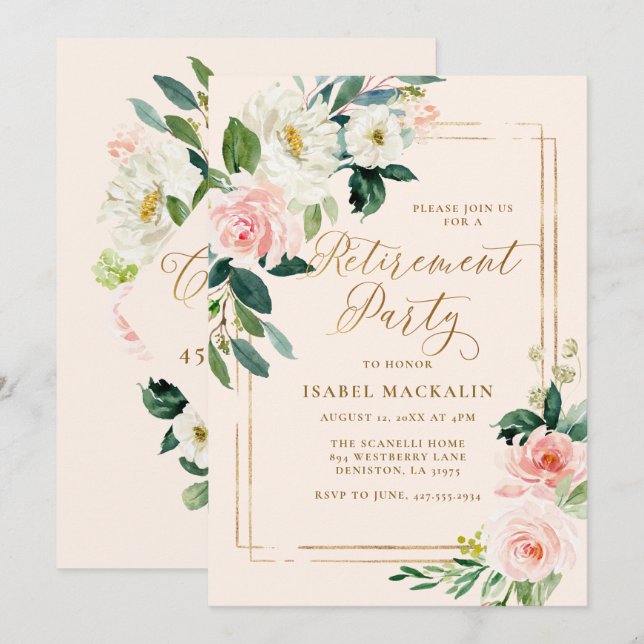 Invitación Fiesta de Jubilación Elegante Bonito Floral Rosa R (Anverso / Reverso)