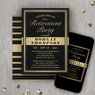 Invitación Fiesta de Jubilación Elegante Guión Negro y Dorado