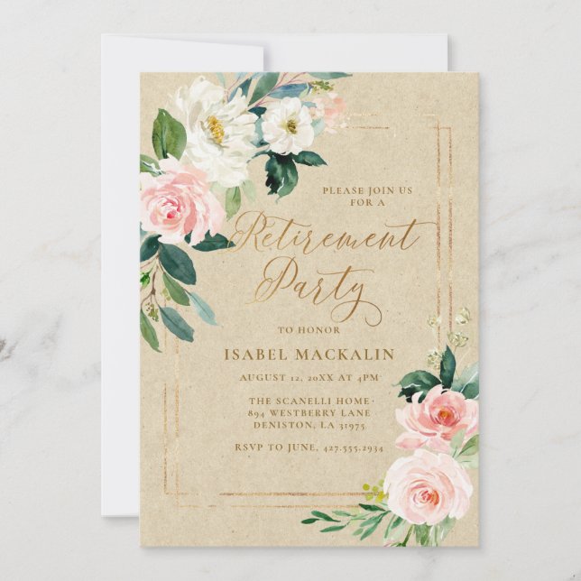Invitación Fiesta de Jubilación Elegante Kraft Floral Rosa Rú (Anverso)