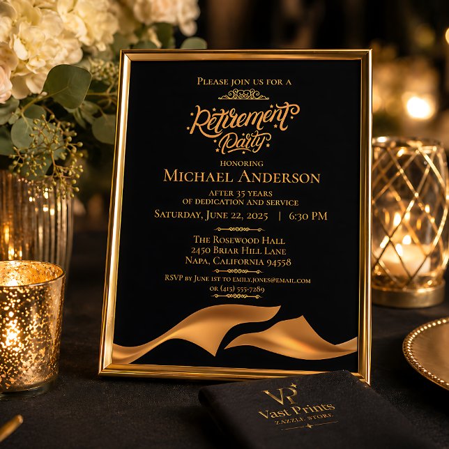 Invitación Fiesta de Jubilación Elegante Negro Oro (Elegant Black Gold Retirement Party Invitation
)