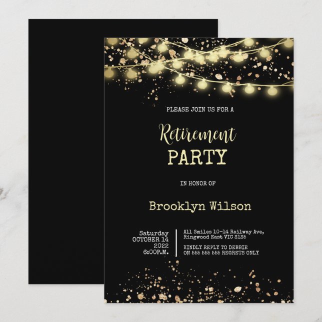 Invitación Fiesta de Jubilación Elegante Negro y Oro (Anverso / Reverso)