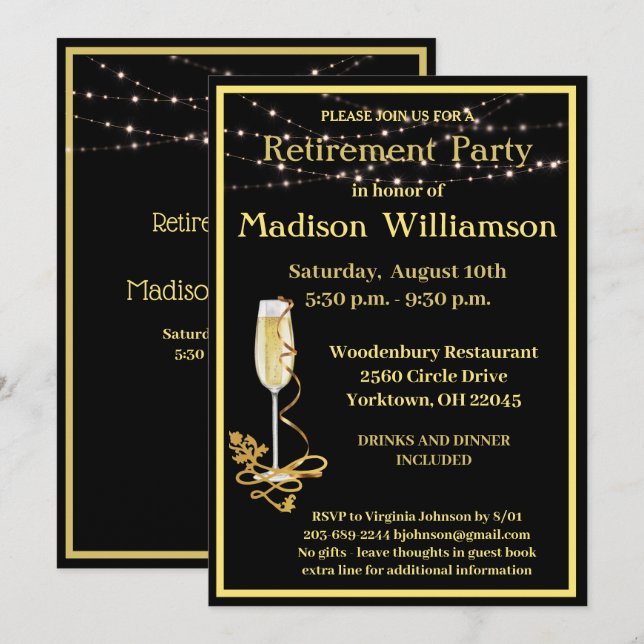 Invitación Fiesta de Jubilación Elegante Oro Negro (Anverso / Reverso)