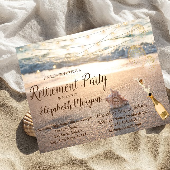 Invitación Fiesta de jubilación en la playa, conchas de mar y (Subido por el creador)