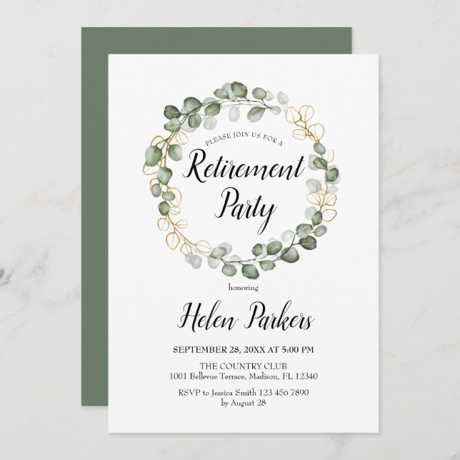 Invitación Fiesta de Jubilación Eucalyptus Foliage Wreath (Anverso / Reverso)