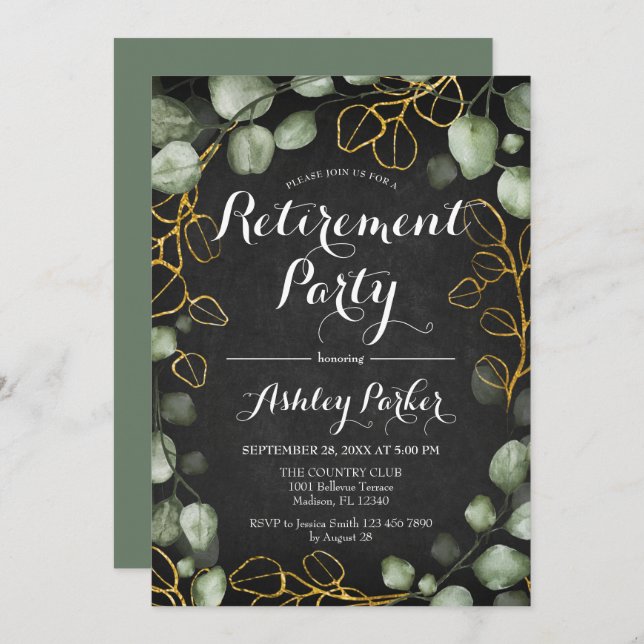 Invitación Fiesta de Jubilación Eucalyptus Wreath Chalkboard (Anverso / Reverso)