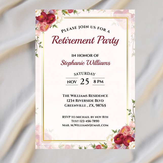 Invitación Fiesta de Jubilación Femenina Elegante Bouquet Flo (Subido por el creador)