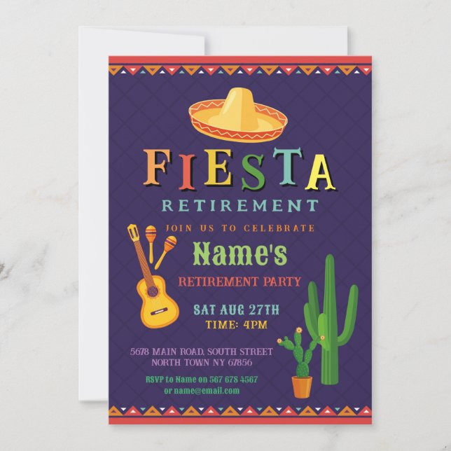 Invitación Fiesta de Jubilación Fiesta Guitarra Cactus Mexica (Anverso)