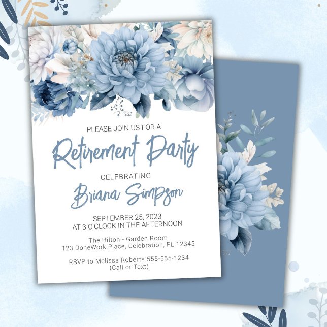 Invitación Fiesta de jubilación floral azul polvoriento (Subido por el creador)