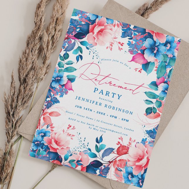 Invitación Fiesta de Jubilación Floral Azul y Rosa Pintado bo (Pretty Painted Blue & Pink Floral Retirement Party Invitation)