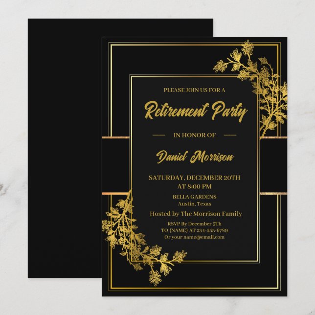 Invitación Fiesta de Jubilación Floral Black Gold Surprise 20 (Anverso / Reverso)