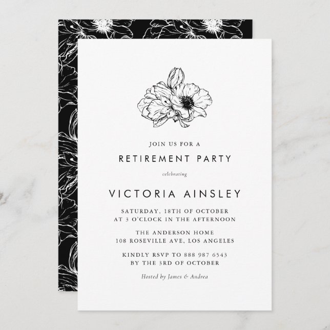 Invitación Fiesta de Jubilación Floral de Anemona Negra Vinta (Anverso / Reverso)