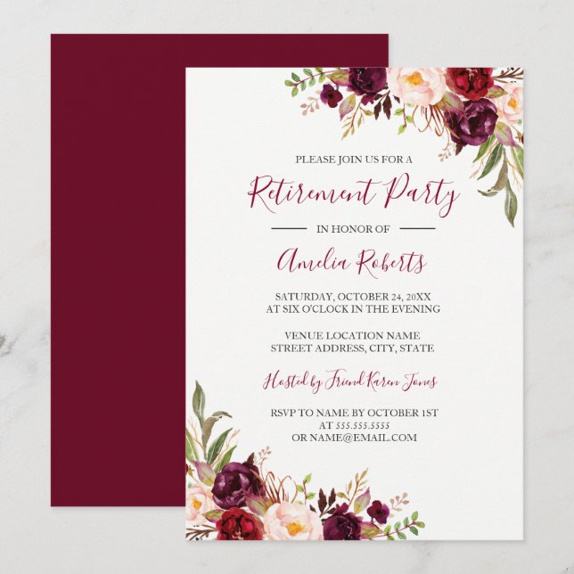 Invitación Fiesta de Jubilación Floral de Borgoña Roja (Anverso / Reverso)