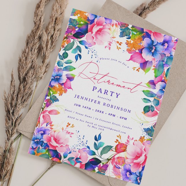 Invitación Fiesta de Jubilación Floral de Jardín Vibrante (Vibrant Garden Floral Retirement Party Invitation)