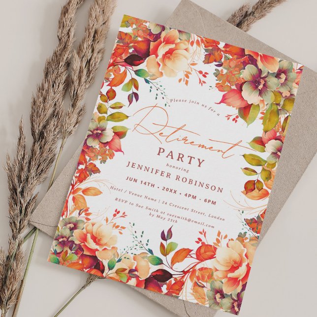 Invitación Fiesta de Jubilación Floral de los Jardínes del Ot (Fall Autumn Garden Floral Retirement Party Invitation)