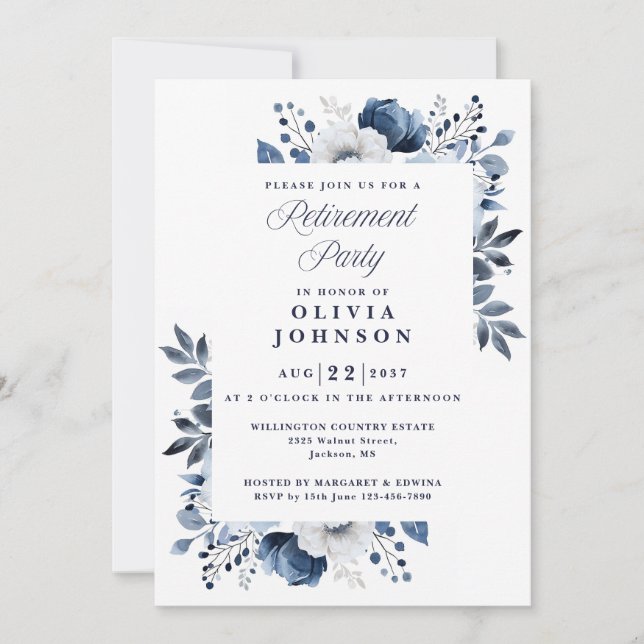 Invitación Fiesta de Jubilación Floral de Navy Blue Elegent (Anverso)