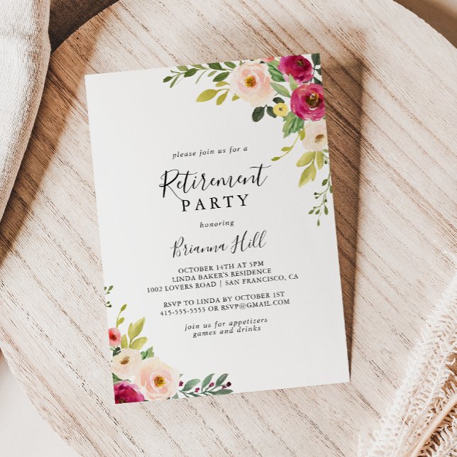 Invitación Fiesta de Jubilación Floral de Rubor Rosado de Ver (Subido por el creador)