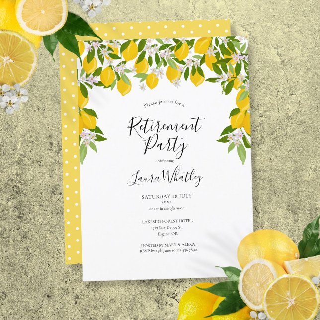 Invitación Fiesta de jubilación floral de verde con limones e (Lemons Blossom Greenery Floral Retirement Party Invitation)
