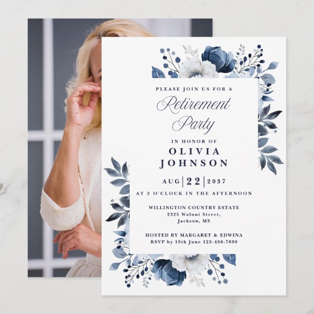 Invitación Fiesta de Jubilación Floral Elegante de la Marina  (Anverso / Reverso)