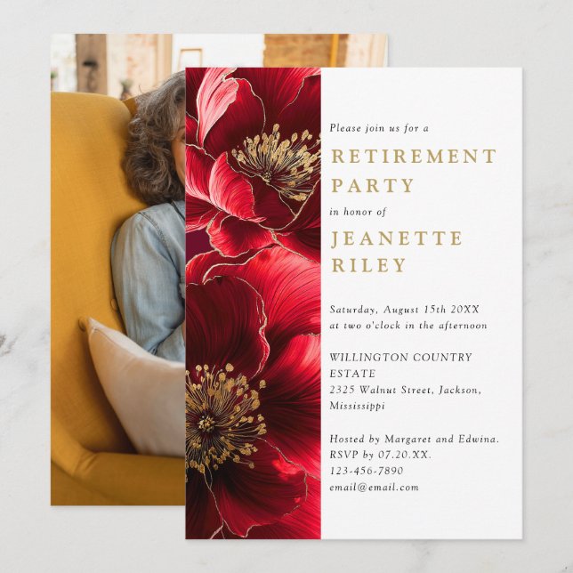 Invitación Fiesta De Jubilación Floral Elegante De Rojo Y Oro (Anverso / Reverso)