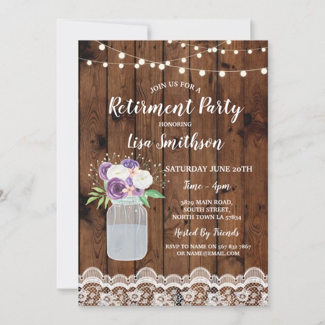 Invitación Fiesta de Jubilación Floral Lace Wood Mason Jar In (Anverso)