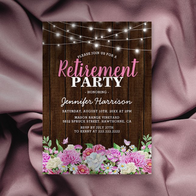 Invitación Fiesta de jubilación floral rosa rústica (Subido por el creador)