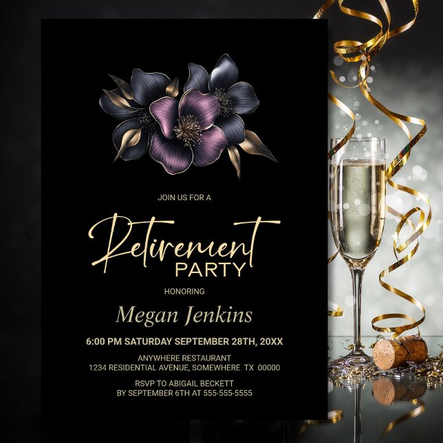 Invitación Fiesta de Jubilación Floral Rosa y Gris Polvorient (Subido por el creador)