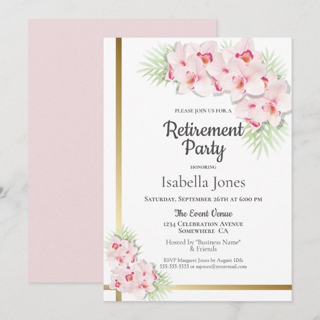 Invitación Fiesta de Jubilación Floral Rosa y Oro (Anverso / Reverso)