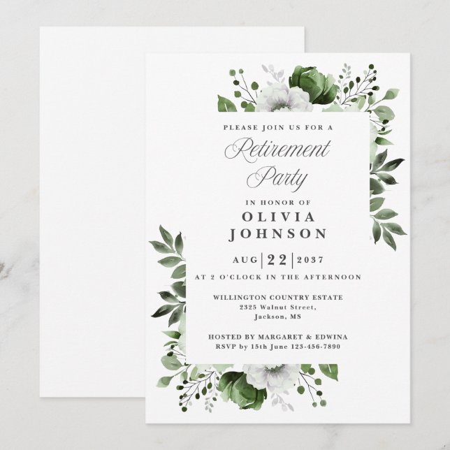 Invitación Fiesta de Jubilación Floral Verde Elegante (Anverso / Reverso)