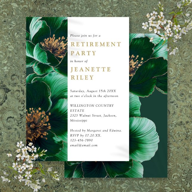 Invitación Fiesta de Jubilación Floral Verde y Dorado Elegant (Elegant Green And Gold Floral Retirement Party Invitation)