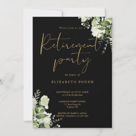 Invitación Fiesta de jubilación floral verde y dorado negro