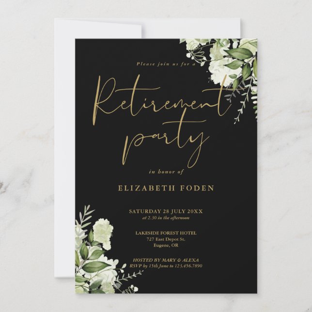 Invitación Fiesta de Jubilación Floral Verde y Dorado Negro (Anverso)