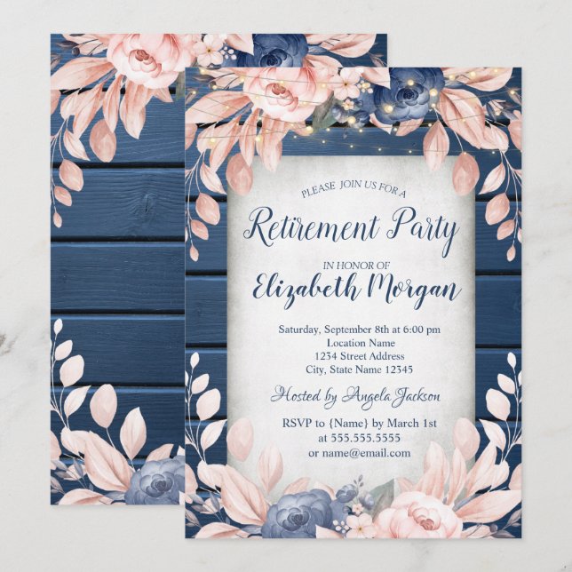 Invitación Fiesta de Jubilación Flores Azules de Madera (Anverso / Reverso)