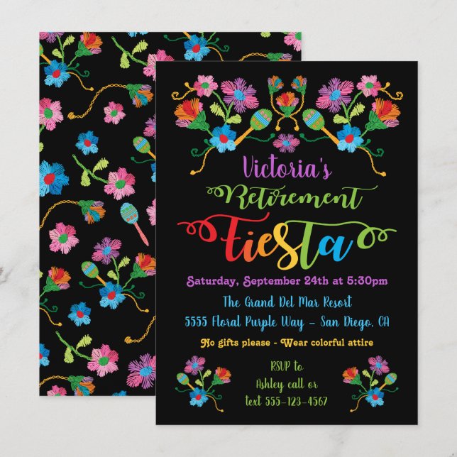 Invitación Fiesta de Jubilación Folk Embroidery Mexicano Fies (Anverso / Reverso)