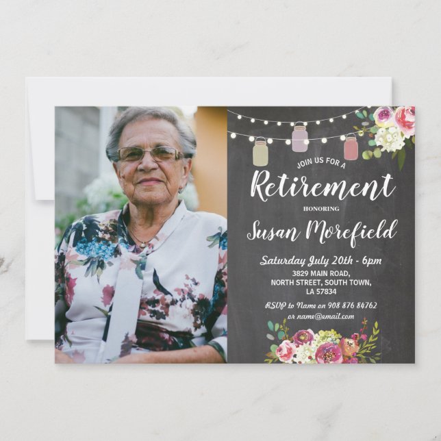 Invitación Fiesta de jubilación: foto floral de Jars Chalk (Anverso)