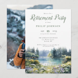 Invitación Fiesta de jubilación foto junto al lago del bosque