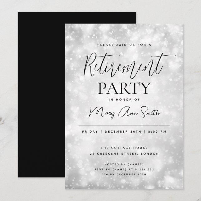 Invitación Fiesta de Jubilación Glam Silver Champagne Sparkle (Anverso / Reverso)