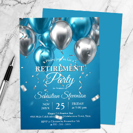 Invitación Fiesta de Jubilación Globos Brillantes Azules y Pl