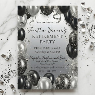 Invitación Fiesta de Jubilación Globos Negros Elegantes de Pl