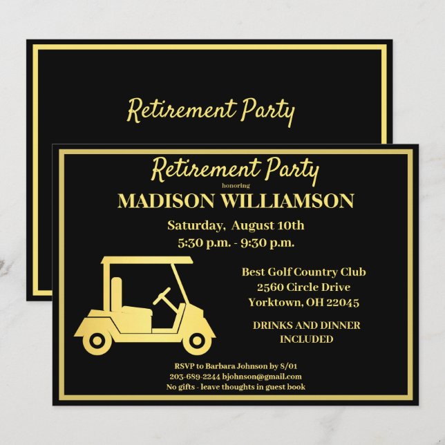 Invitación Fiesta de Jubilación Golf Black Gold   (Anverso / Reverso)