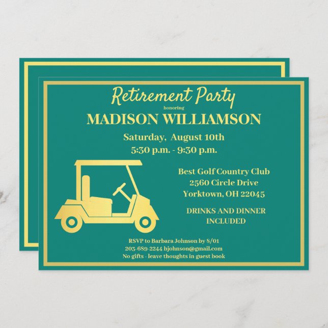 Invitación Fiesta de Jubilación Golf Green & Gold     (Anverso / Reverso)