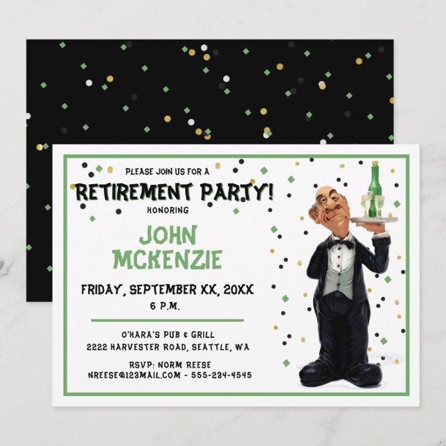 Invitación Fiesta de Jubilación - Gracioso Waiter (Anverso / Reverso)