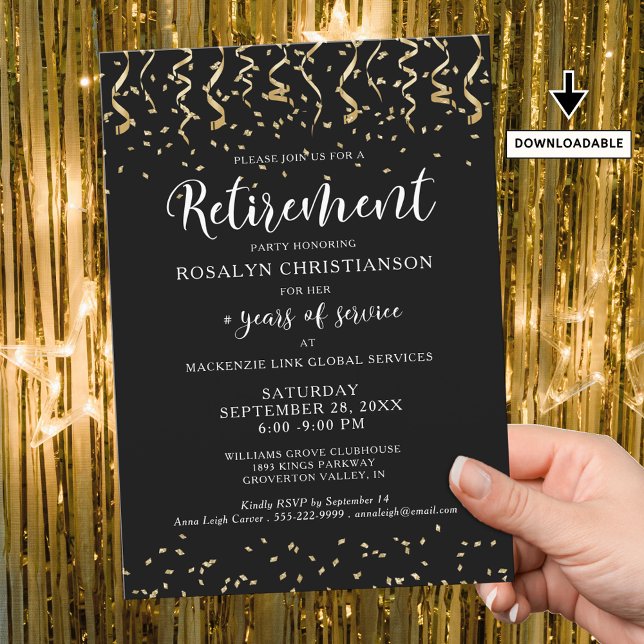 Invitación Fiesta de Jubilación Guión de Confetti de Oro Negr (Subido por el creador)
