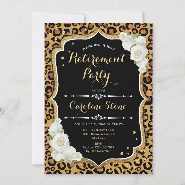 Invitación Fiesta de Jubilación - Impresión de Leopardo de Or (Anverso)