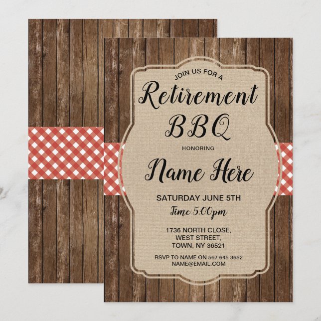 Invitación Fiesta de Jubilación Invite a Gingham BBQ Burlap R (Anverso / Reverso)